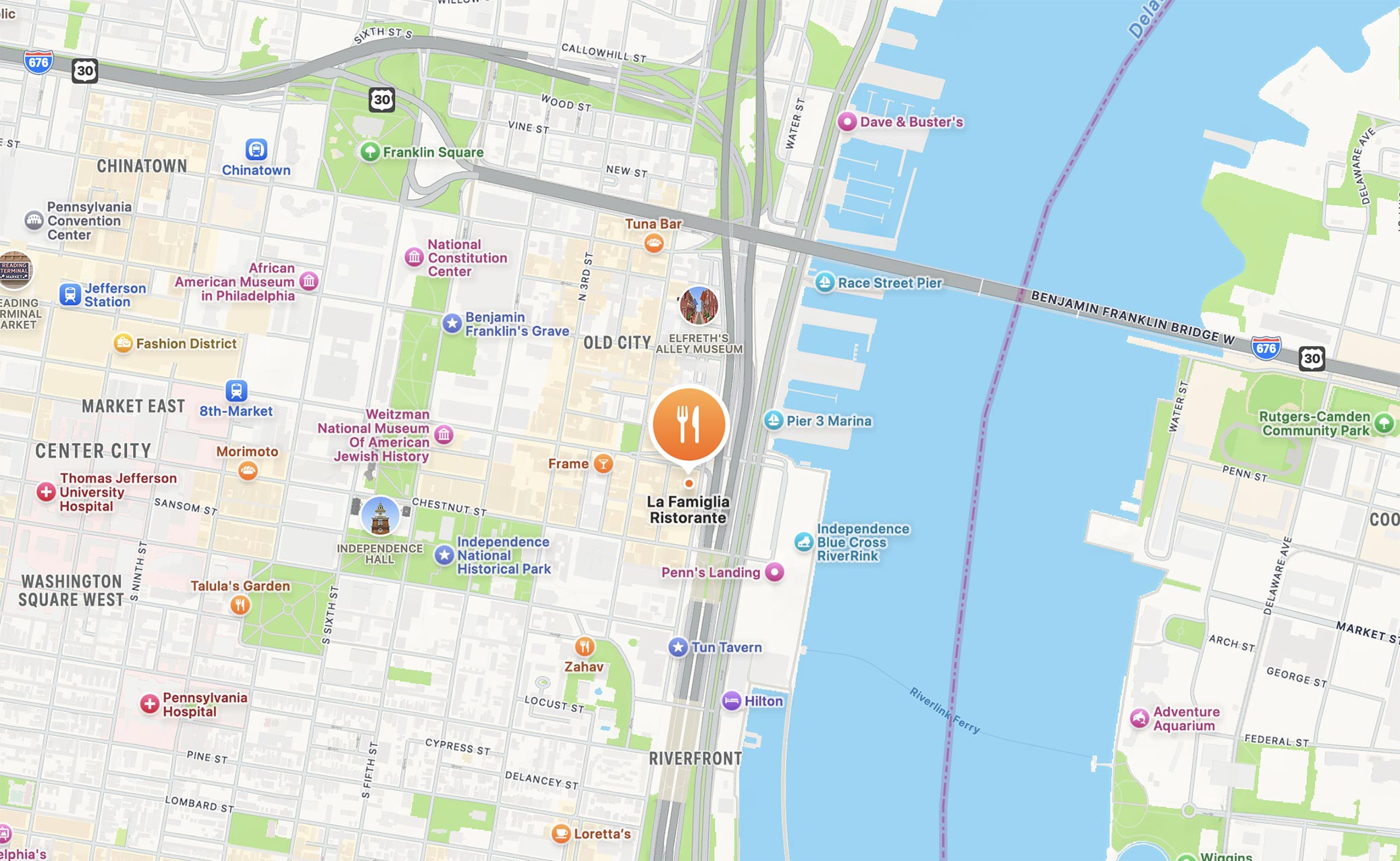 Map to La Famiglia Ristorante, 8 South Front Street, Philadelphia